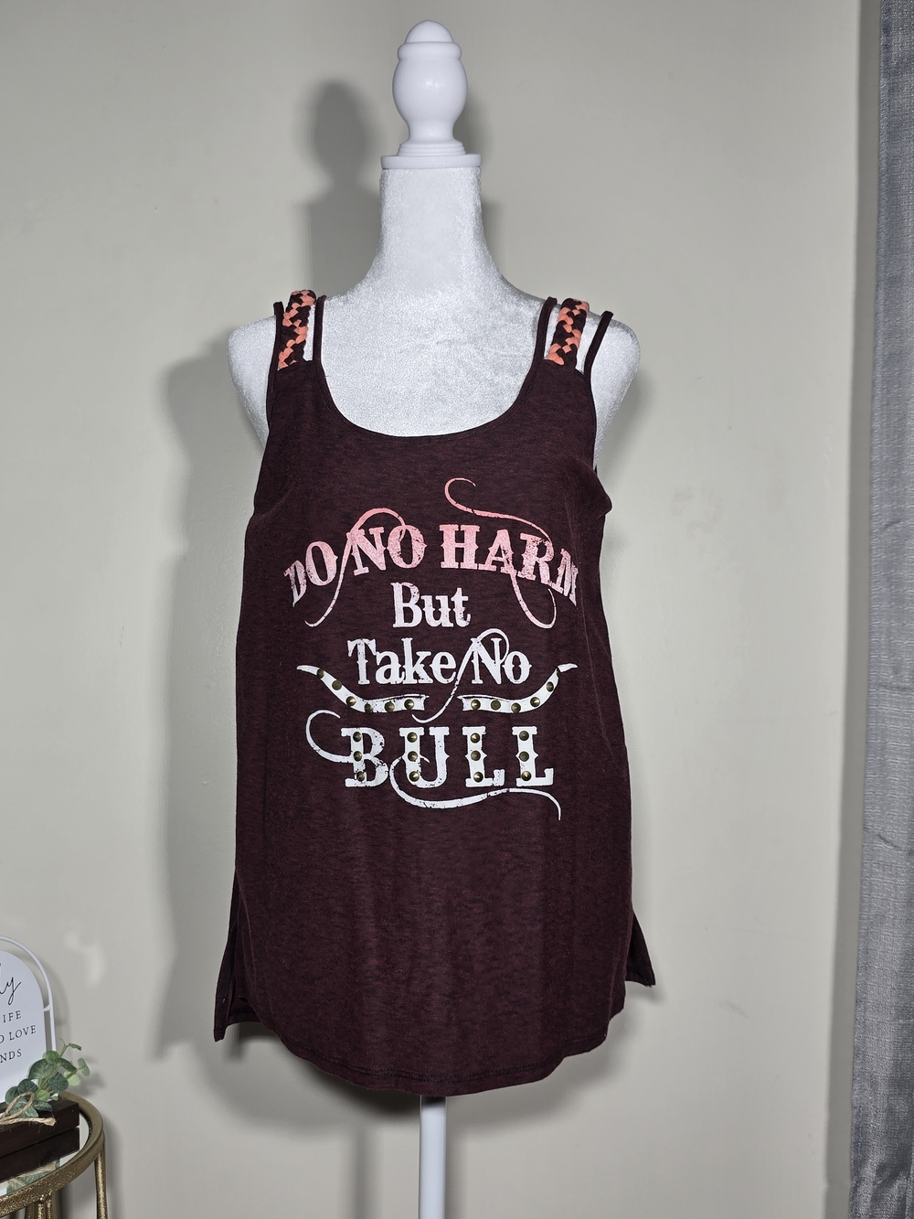 Maurices Maroon Graphic Tank with Leopard Accent Straps